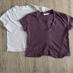 (2) perfectwhitetee ALANIS v-neck tees, purple & gray, sz Small